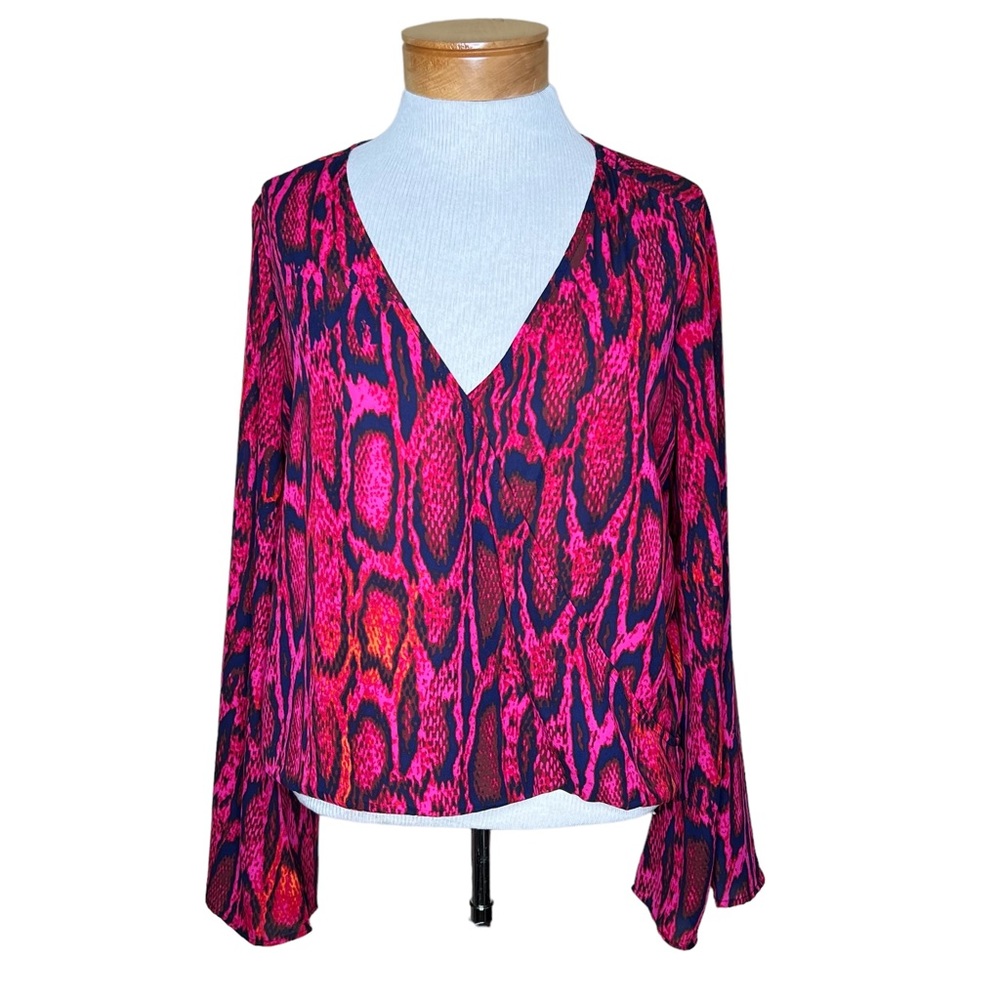 Eighty Six Brand Snake Print Faux Wrap V-Neck Blouse w/ Wide Sleeves Oversized S
